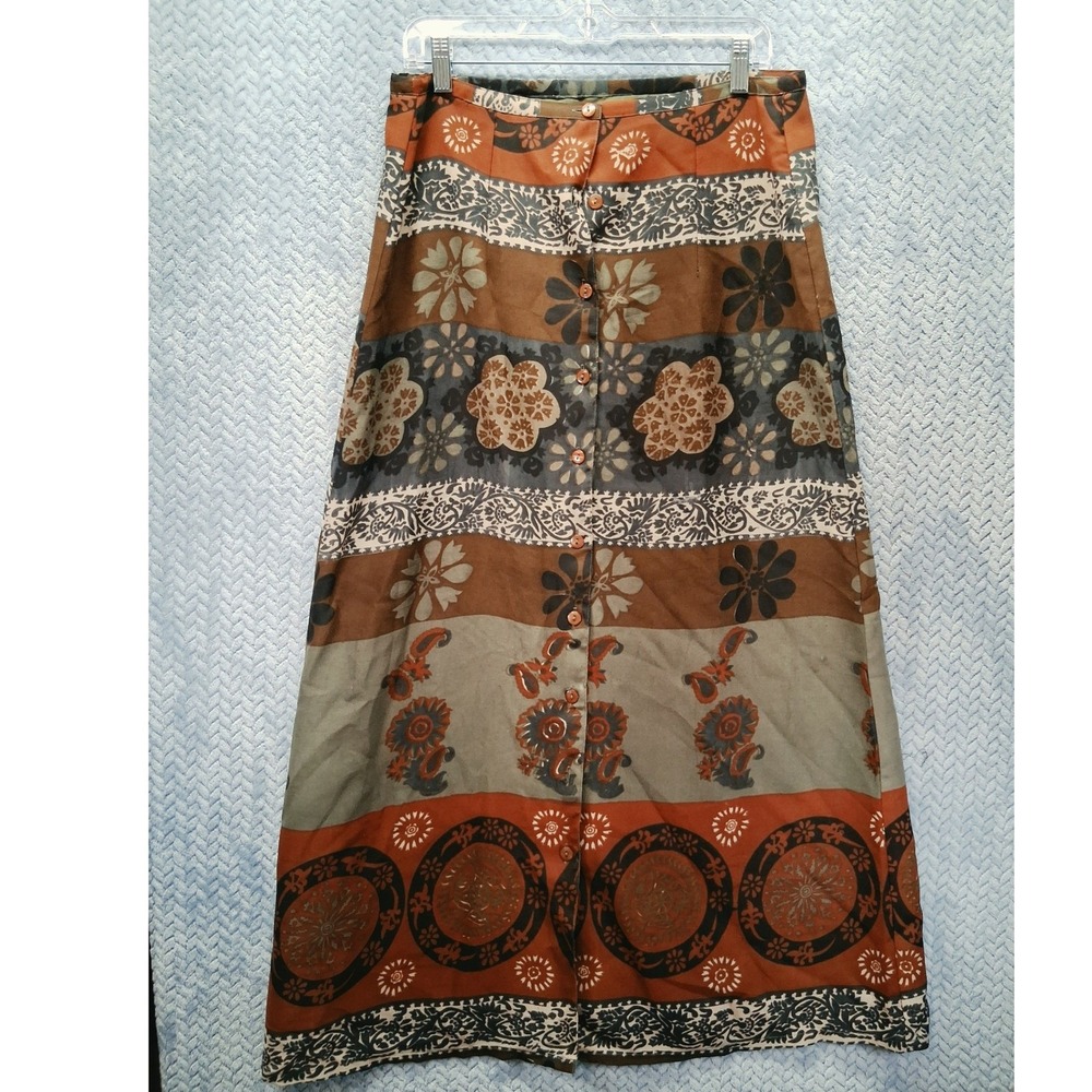 Midnight Run Floral Paisley Patchwork Button Front Maxi Skirt Brown Olive Medium